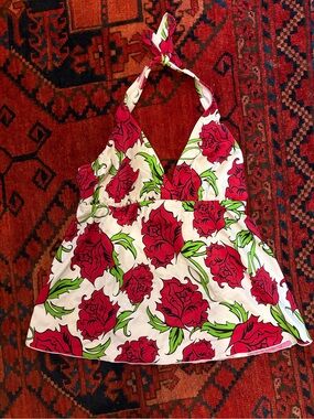 Prego Women's Red Rose Halter Swim Top with Green Leaves on White